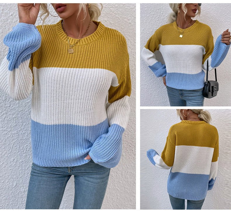 Exclusive Contrast Color Sweater Lantern Sleeve Pullover — Pink — Size S — Alternate View 7