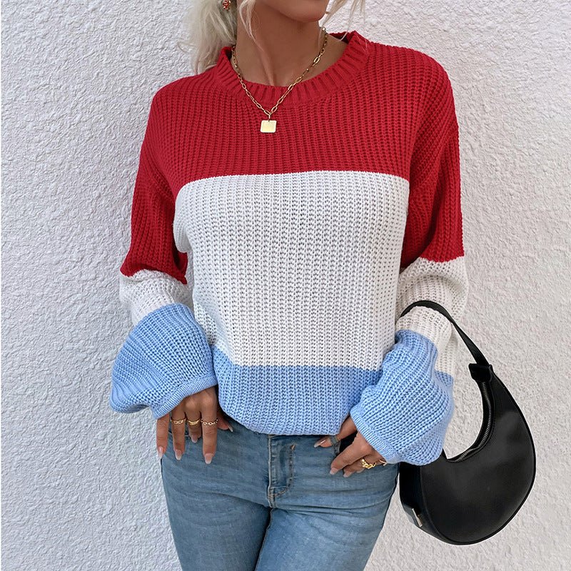 Exclusive Contrast Color Sweater Lantern Sleeve Pullover — Pink — Size S — Top View