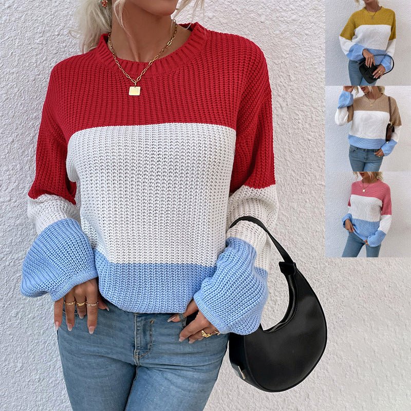 Exclusive Contrast Color Sweater Lantern Sleeve Pullover — Pink — Size S — Front View