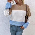 Exclusive Contrast Color Sweater Lantern Sleeve Pullover — Pink — Size S — Detail View