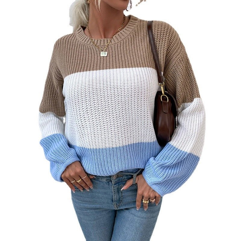 Exclusive Contrast Color Sweater Lantern Sleeve Pullover — Pink — Size S — Lifestyle View