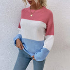 Exclusive Contrast Color Sweater Lantern Sleeve Pullover — Pink — Size S — Side View
