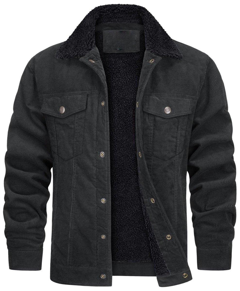 Exclusive Corduroy Lapel Long Sleeve Plush Jacket Coat | Stylish & Warm — Black Dark Gray Fur — Size L — Back View