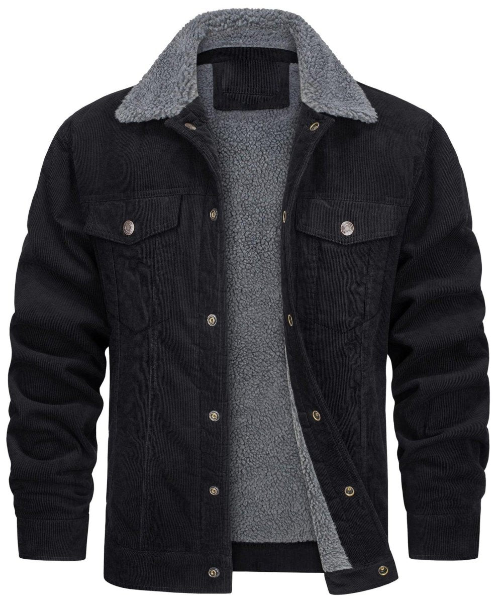 Exclusive Corduroy Lapel Long Sleeve Plush Jacket Coat | Stylish & Warm — Black Dark Gray Fur — Size L — Top View