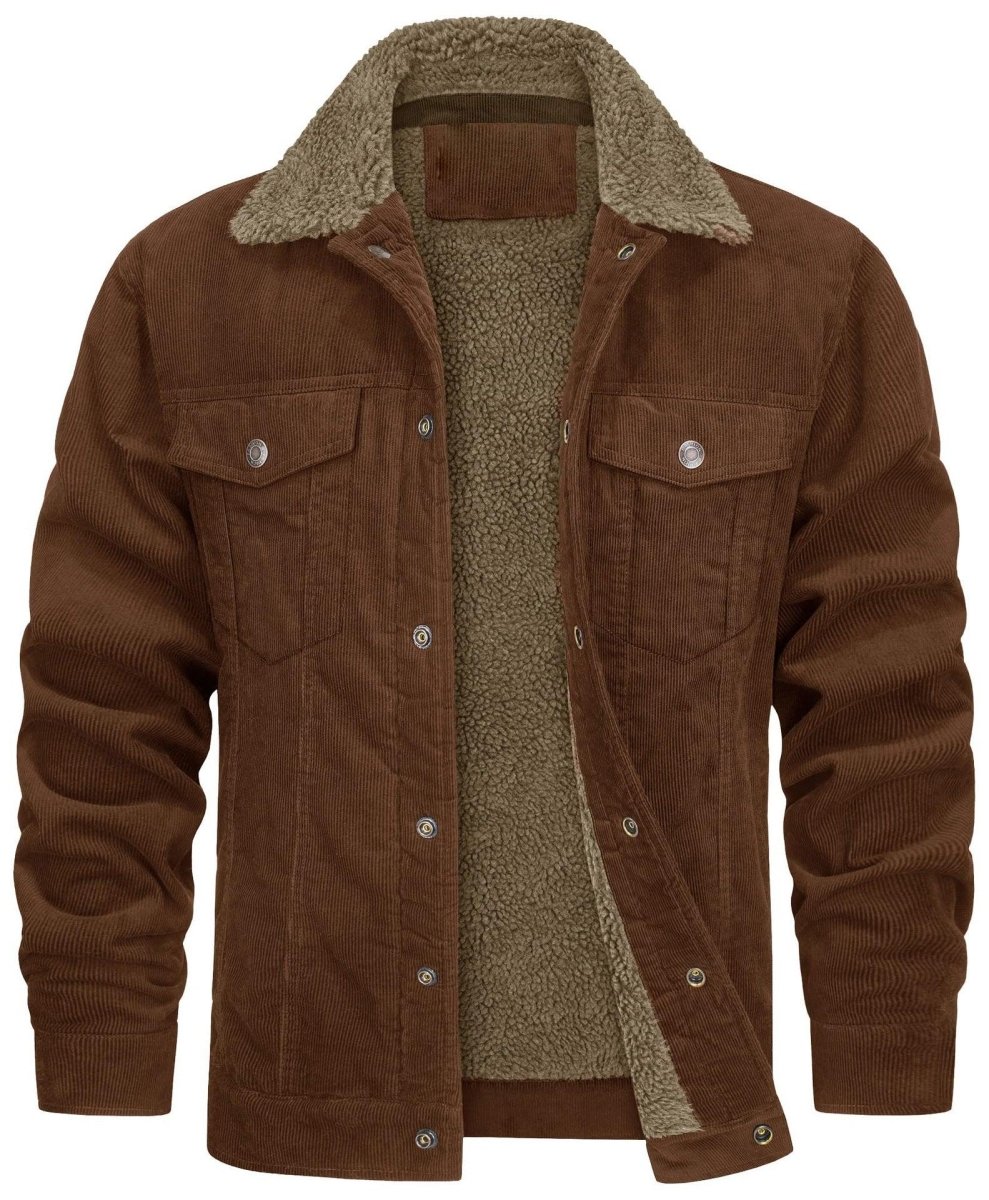 Exclusive Corduroy Lapel Long Sleeve Plush Jacket Coat | Stylish & Warm — Black Dark Gray Fur — Size L — Lifestyle View