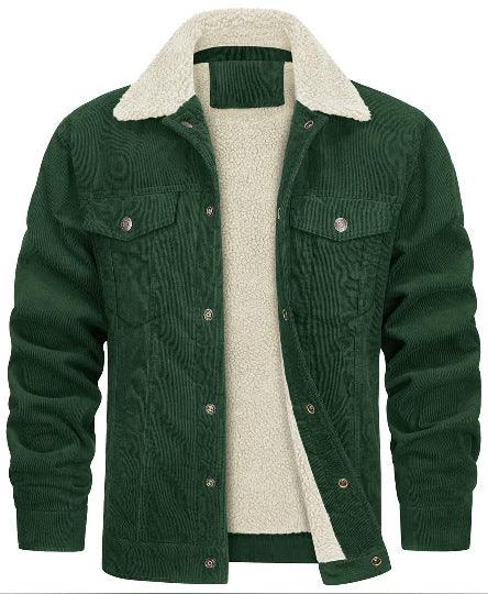 Exclusive Corduroy Lapel Long Sleeve Plush Jacket Coat | Stylish & Warm — Black Dark Gray Fur — Size L — Detail View