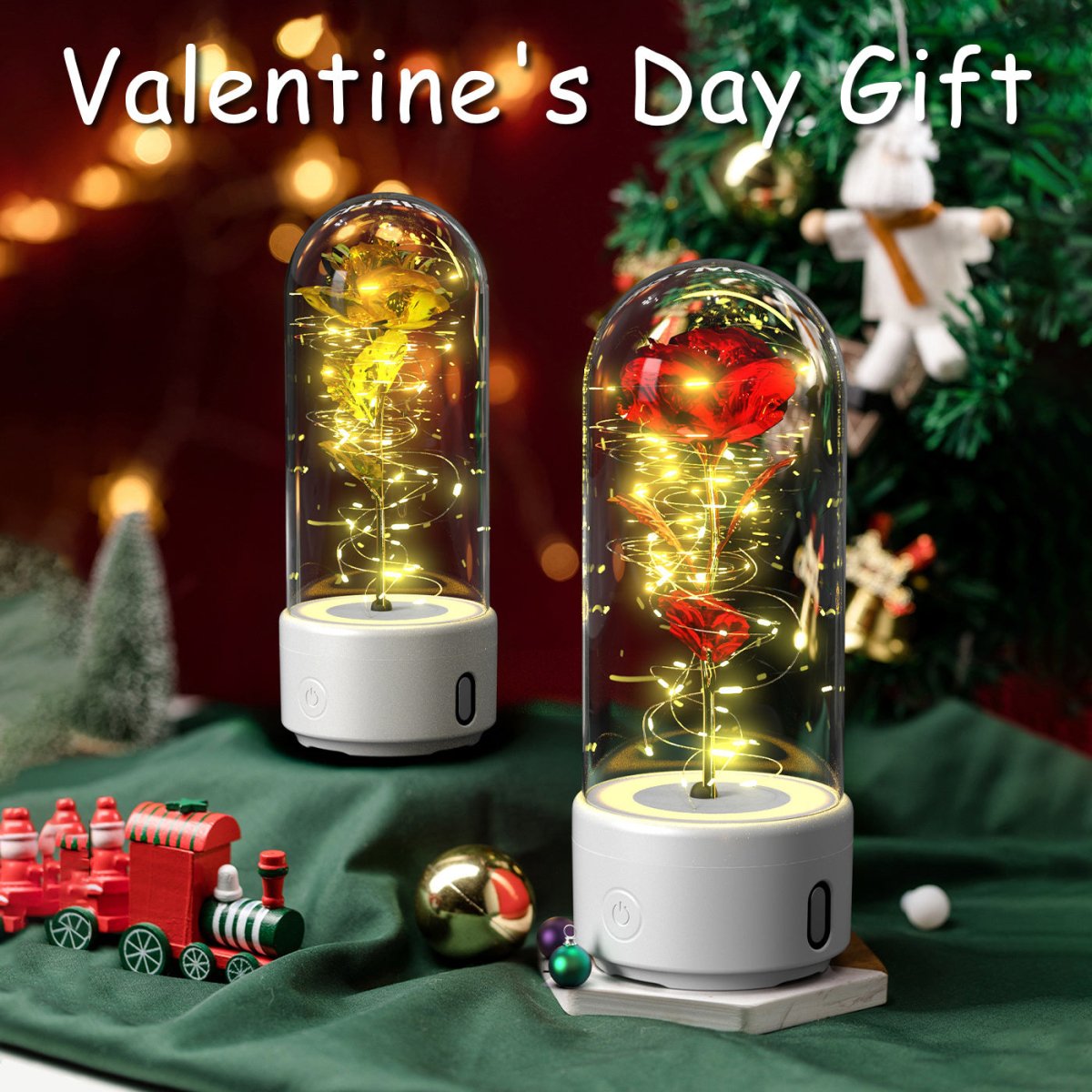 Exclusive 2-in-1 Rose LED Light & Bluetooth Speaker — Black Base Red Flower — Detail View