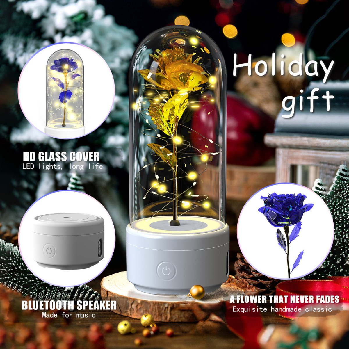 Exclusive 2-in-1 Rose LED Light & Bluetooth Speaker — Black Base Red Flower — Top View