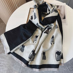 Exclusive Cute Kitten Plaid Contrast Color Cashmere Shawl Scarf — Black And White Cat — Size 65x190cm — Front View