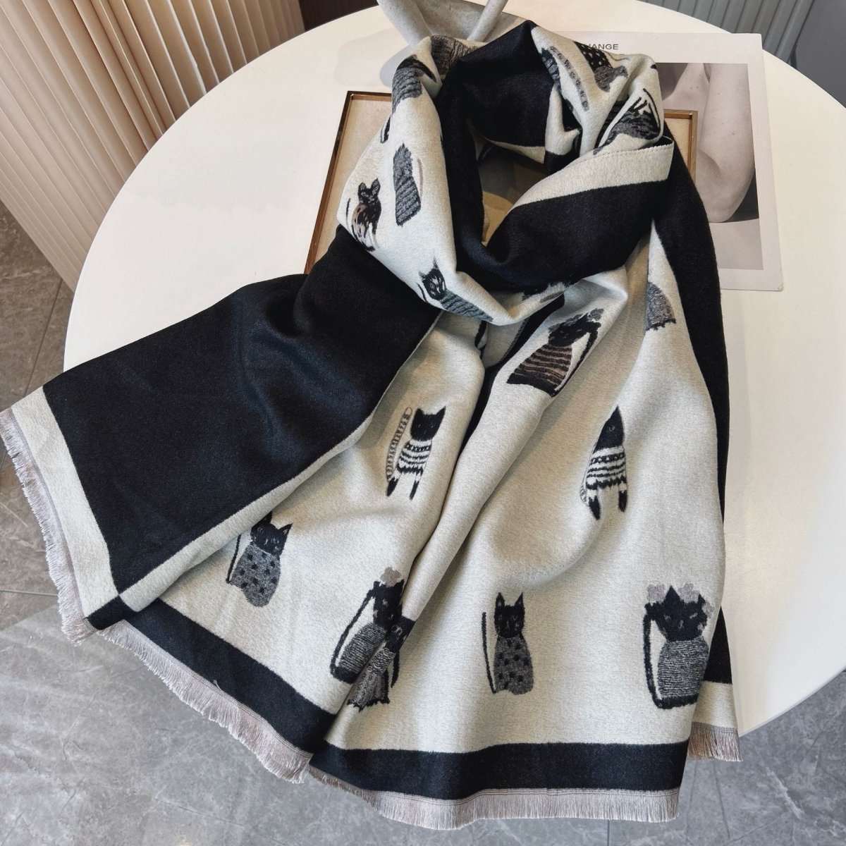 Exclusive Cute Kitten Plaid Contrast Color Cashmere Shawl Scarf — Black And White Cat — Size 65x190cm — Front View