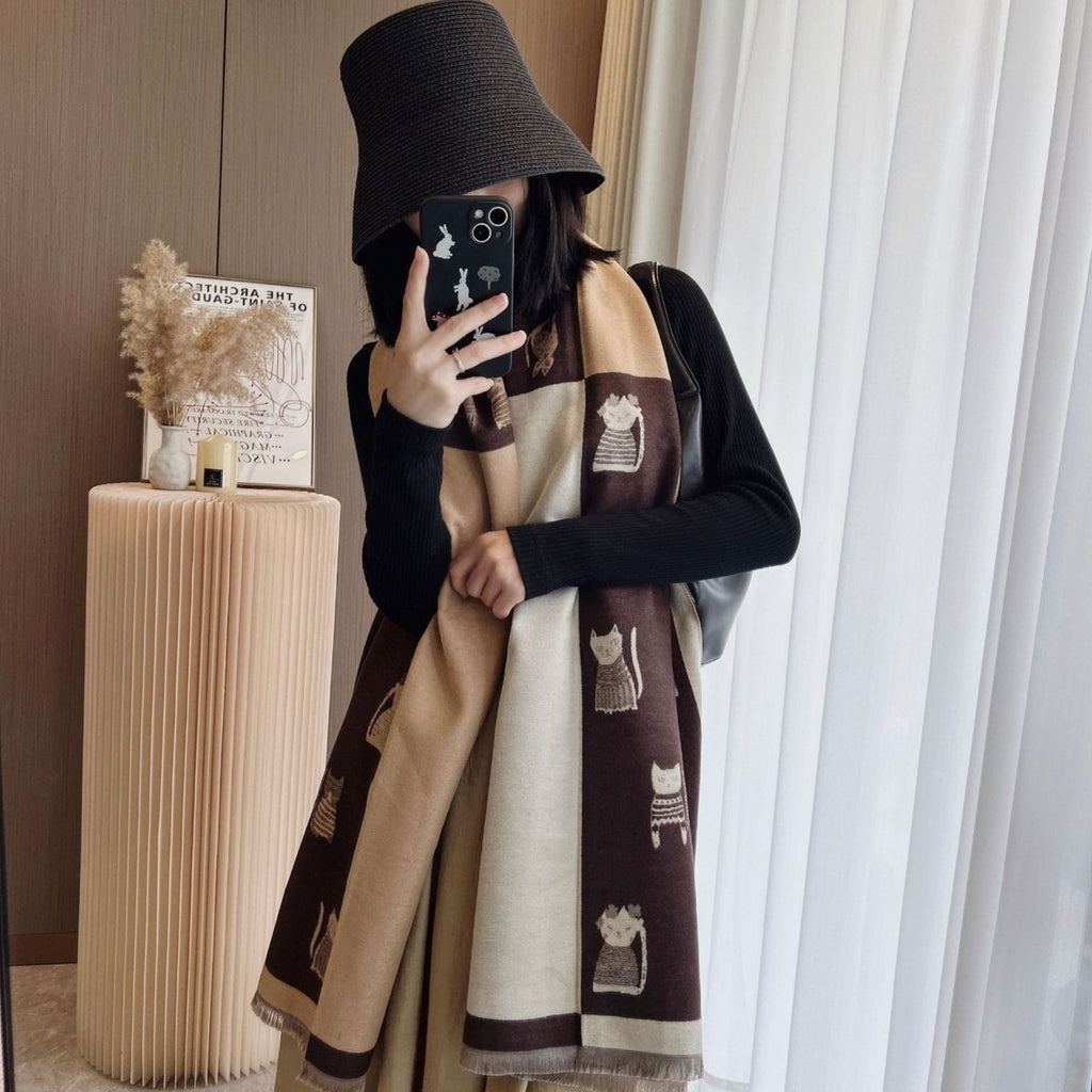 Exclusive Cute Kitten Plaid Contrast Color Cashmere Shawl Scarf — Black And White Cat — Size 65x190cm — Back View