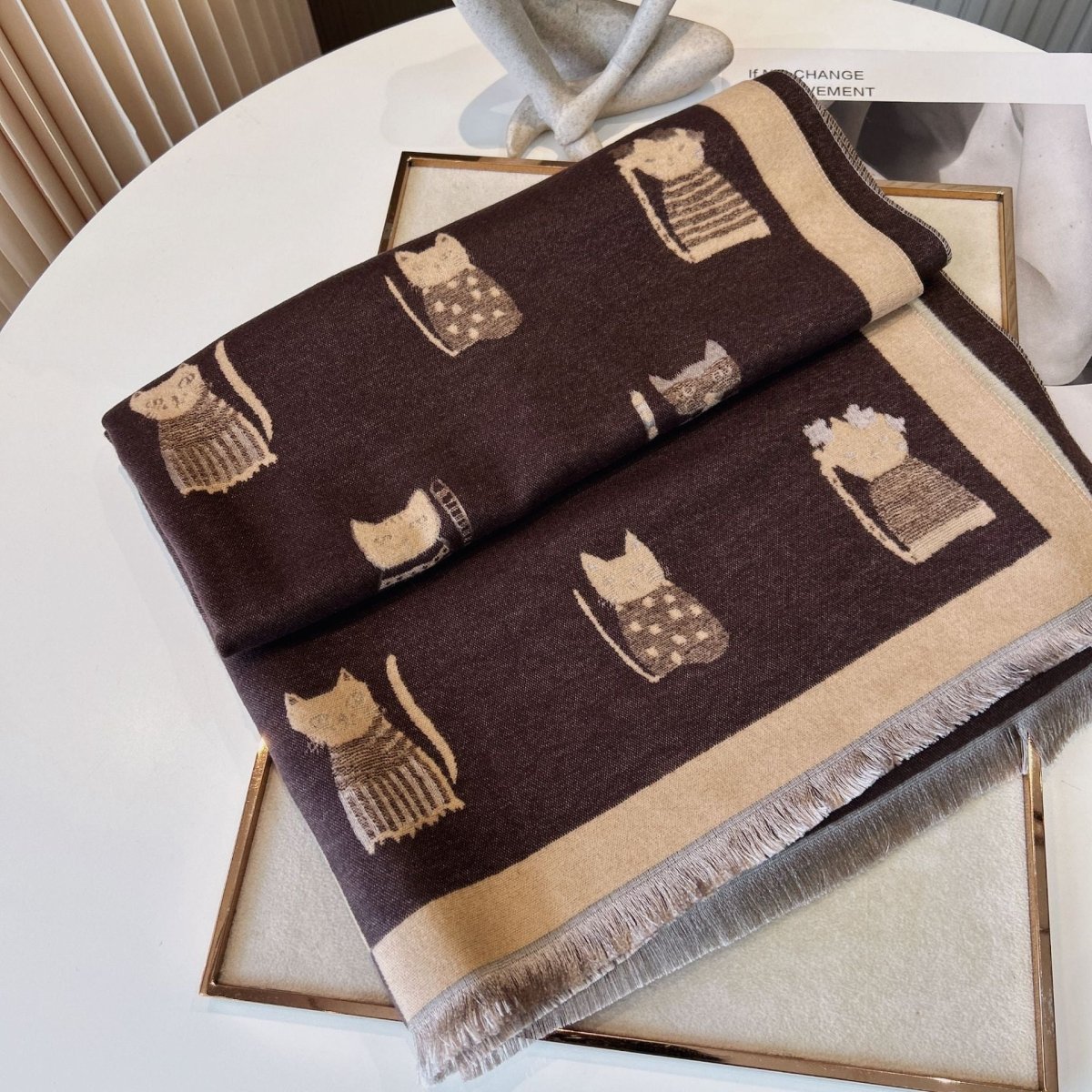 Exclusive Cute Kitten Plaid Contrast Color Cashmere Shawl Scarf — Black And White Cat — Size 65x190cm — Lifestyle View