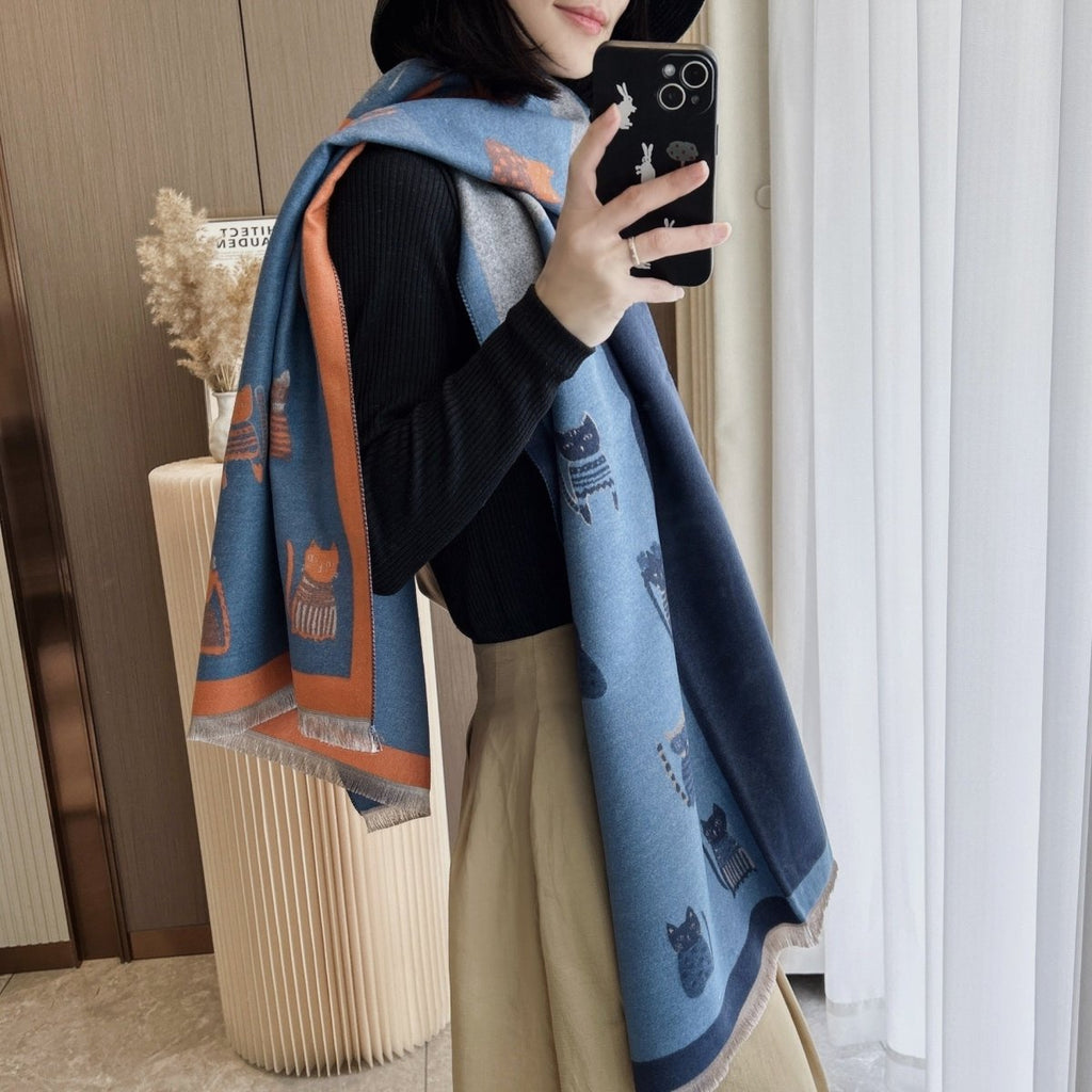 Exclusive Cute Kitten Plaid Contrast Color Cashmere Shawl Scarf — Black And White Cat — Size 65x190cm — Top View