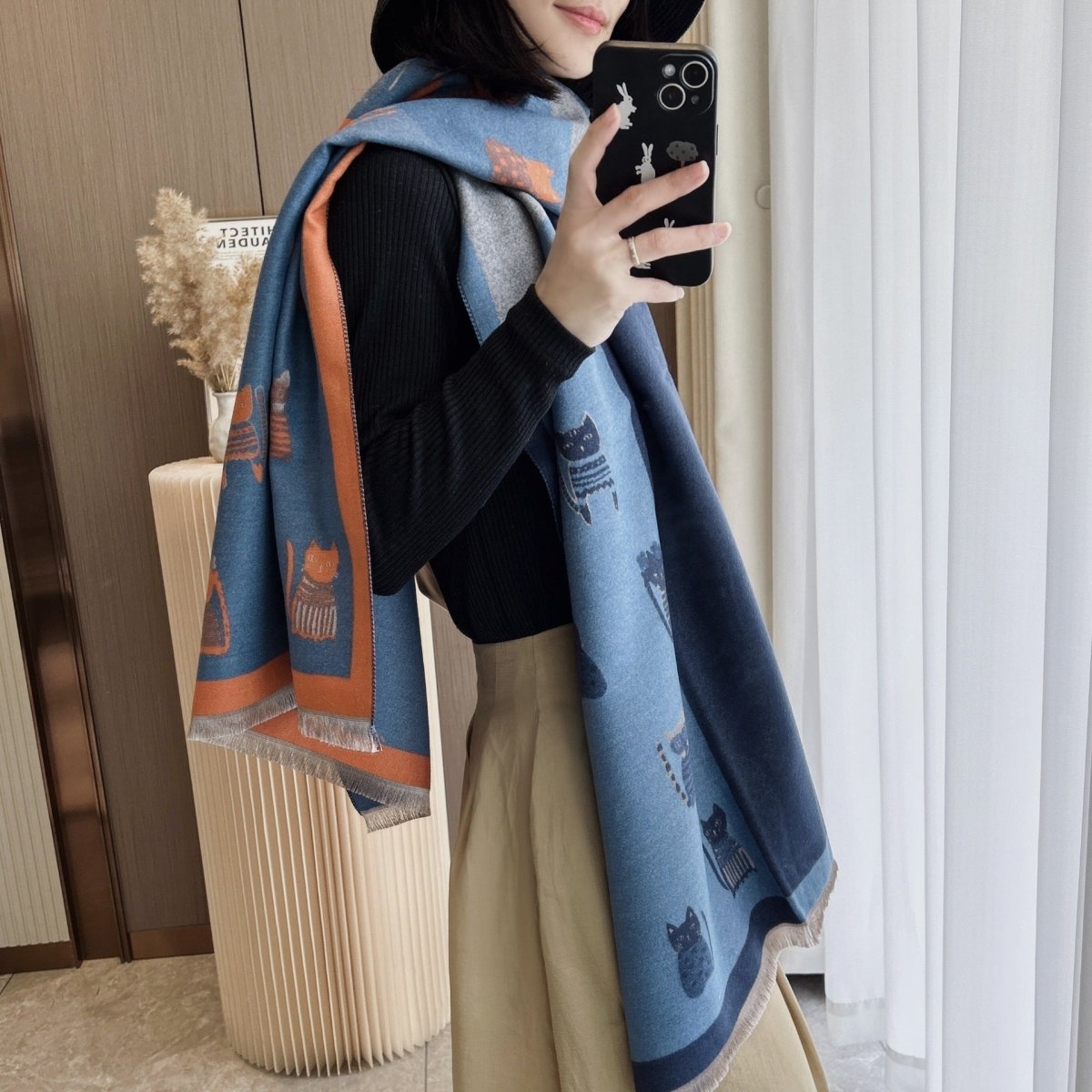 Exclusive Cute Kitten Plaid Contrast Color Cashmere Shawl Scarf — Black And White Cat — Size 65x190cm — Top View
