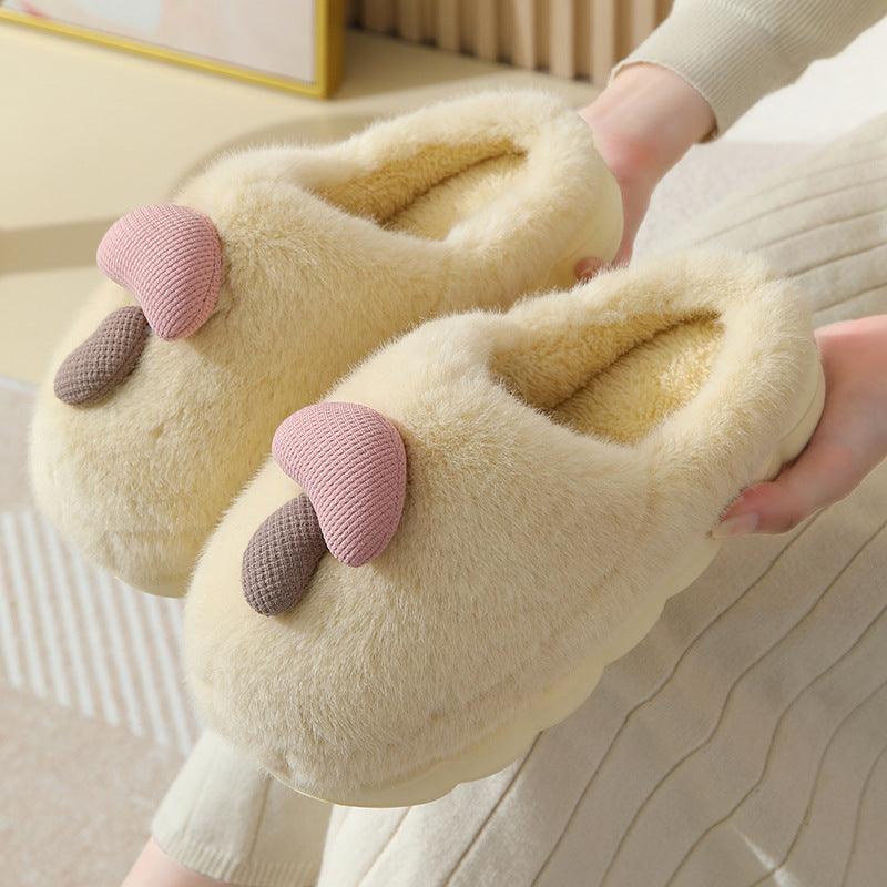 Exclusive Cute Mushroom Cotton Slippers For Women — Camel — Size 36or37 — Side View
