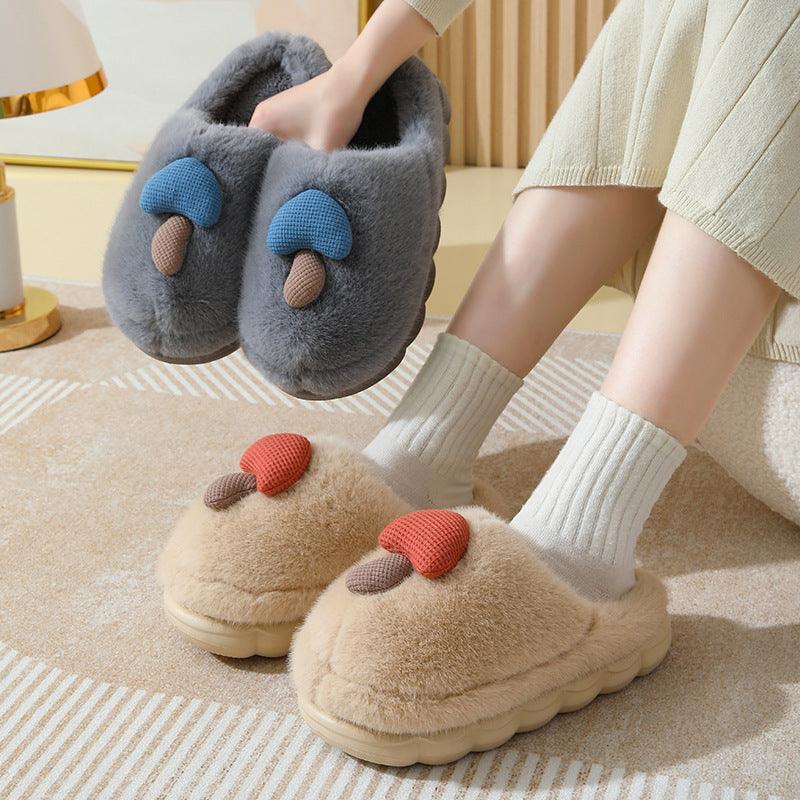 Exclusive Cute Mushroom Cotton Slippers For Women — Camel — Size 36or37 — Front View