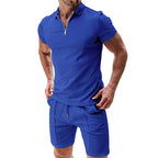 Exclusive Men's 2-Piece Waffle Zipper Lapel Top & Drawstring Shorts Set ? Summer Casual Suit ? White ? Size M ? Top View