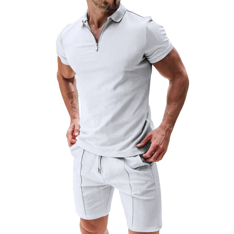 Exclusive Men's 2-Piece Waffle Zipper Lapel Top & Drawstring Shorts Set ? Summer Casual Suit ? White ? Size M ? Side View