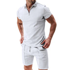 Exclusive Men's 2-Piece Waffle Zipper Lapel Top & Drawstring Shorts Set ? Summer Casual Suit ? White ? Size M ? Side View