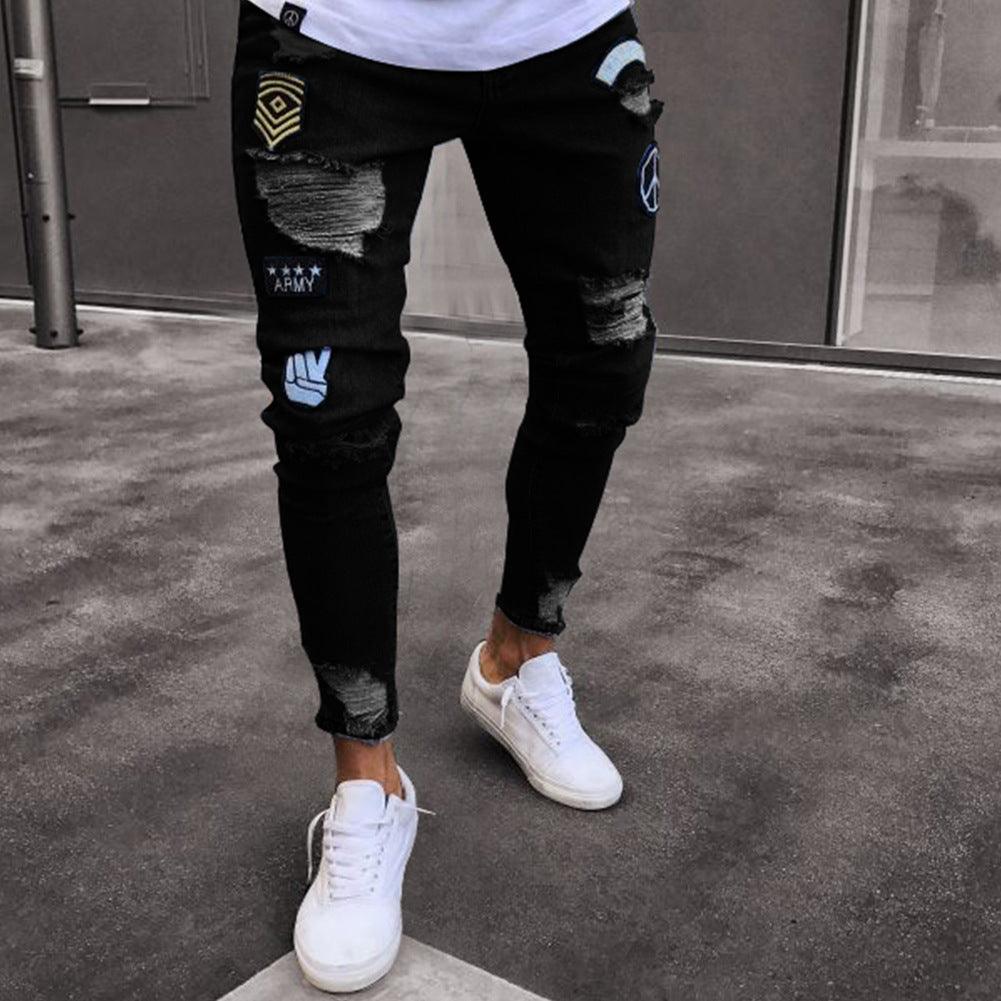 Exclusive Denim Knee Hole Zip Zipper Trousers Jeans — 1895black — Size 2XL — Front View