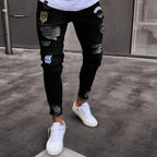 Exclusive Denim Knee Hole Zip Zipper Trousers Jeans — 1895black — Size 2XL — Front View