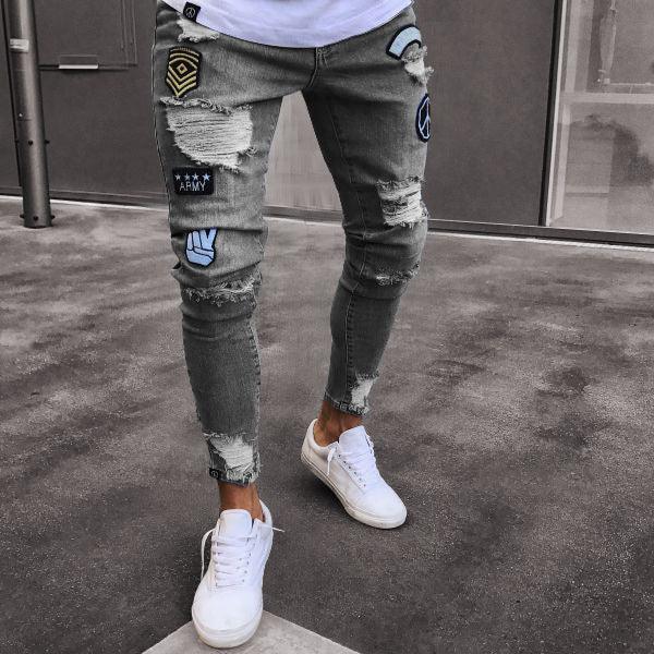 Exclusive Denim Knee Hole Zip Zipper Trousers Jeans — 1895black — Size 2XL — Side View