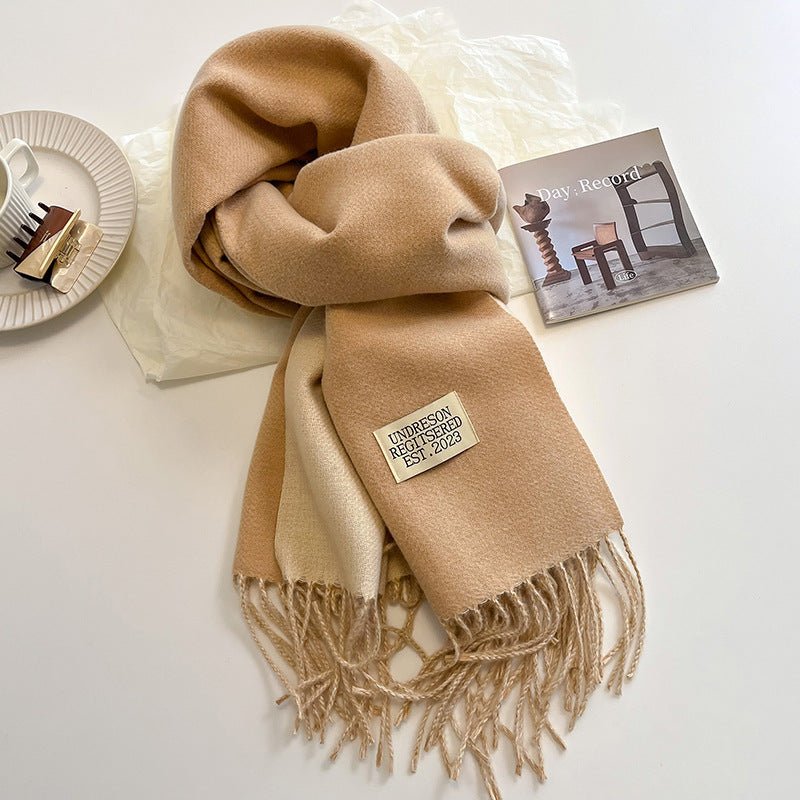 Exclusive Double-sided Artificial Cashmere Scarf — Khaki Beige — Size 68X200cm — Front View