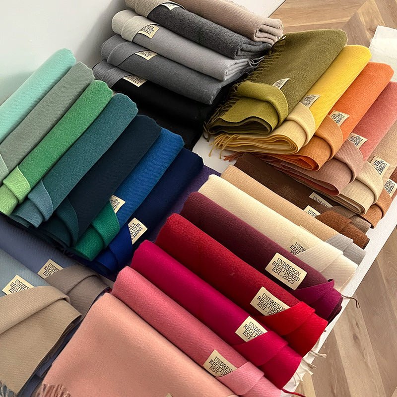 Exclusive Double-sided Artificial Cashmere Scarf — Khaki Beige — Size 68X200cm — Back View