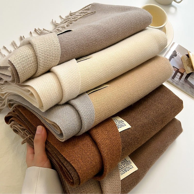 Exclusive Double-sided Artificial Cashmere Scarf — Khaki Beige — Size 68X200cm — Side View