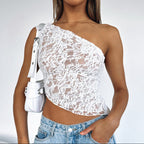 Exclusive Women's Lace Backless Asymmetric Neck Vest Top ? Solid Colour Sleeveless Streetwear ? Black ? Size S ? Back View