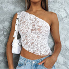Exclusive Women's Lace Backless Asymmetric Neck Vest Top ? Solid Colour Sleeveless Streetwear ? Black ? Size S ? Alternate View 14