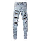 Exclusive European And American High Street Patch Ripped Jeans — Light Blue — Size 28 — Top View