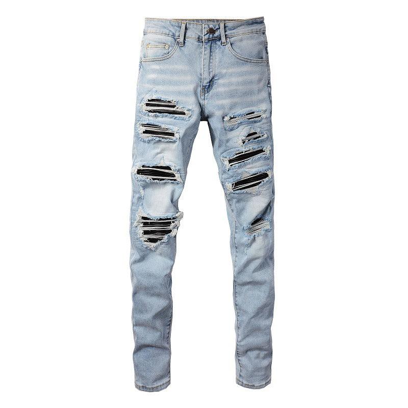 Exclusive European And American High Street Patch Ripped Jeans — Light Blue — Size 28 — Top View