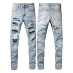 Exclusive European And American High Street Patch Ripped Jeans — Light Blue — Size 28 — Detail View