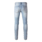 Exclusive European And American High Street Patch Ripped Jeans — Light Blue — Size 28 — Back View