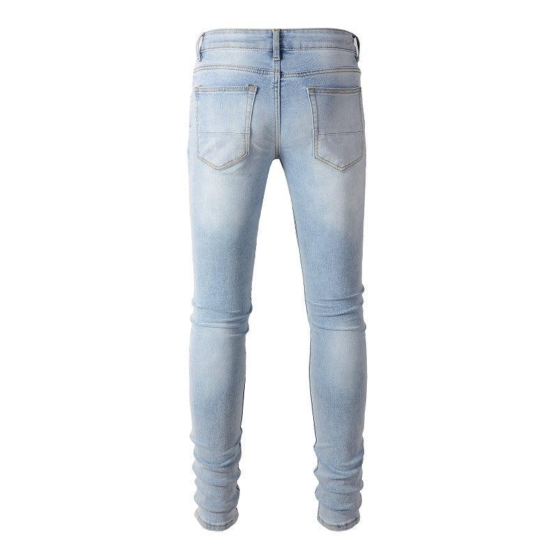 Exclusive European And American High Street Patch Ripped Jeans — Light Blue — Size 28 — Back View