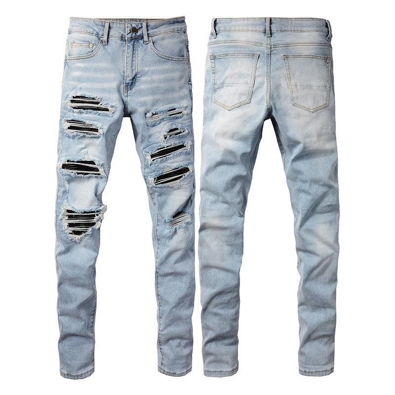 Exclusive European And American High Street Patch Ripped Jeans — Light Blue — Size 28 — Front View