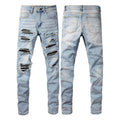 Exclusive European And American High Street Patch Ripped Jeans — Light Blue — Size 28 — Front View