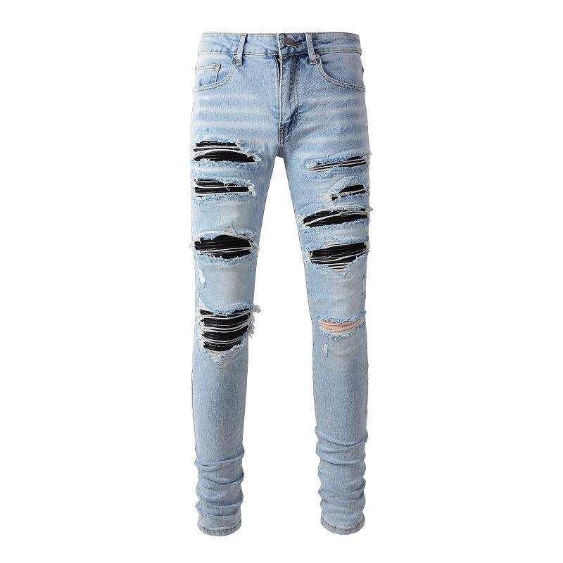 Exclusive European And American High Street Patch Ripped Jeans — Light Blue — Size 28 — Side View