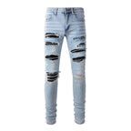 Exclusive European And American High Street Patch Ripped Jeans — Light Blue — Size 28 — Side View