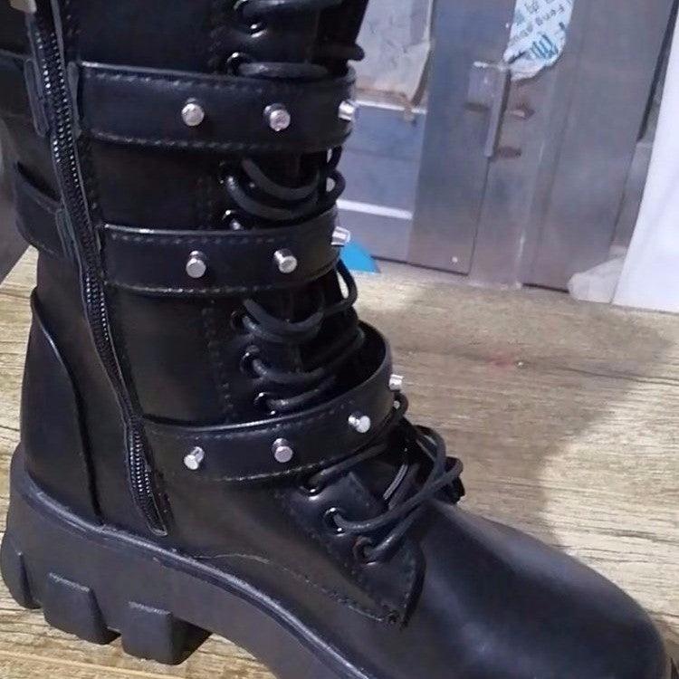 Exclusive Mid-Calf Buckle Knight Boots — Black — Size 35 — Lifestyle View