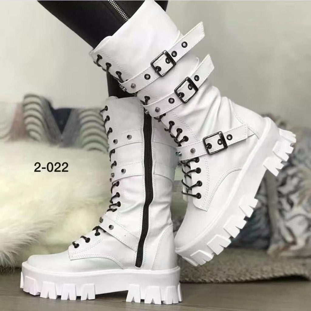 Exclusive Mid-Calf Buckle Knight Boots — Black — Size 35 — Back View