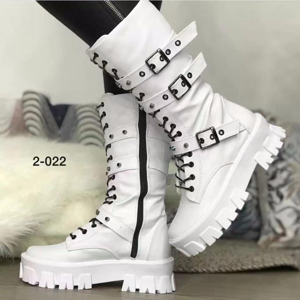 Exclusive Mid-Calf Buckle Knight Boots — Black — Size 35 — Back View