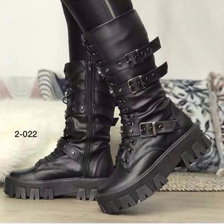 Exclusive Mid-Calf Buckle Knight Boots — Black — Size 35 — Top View