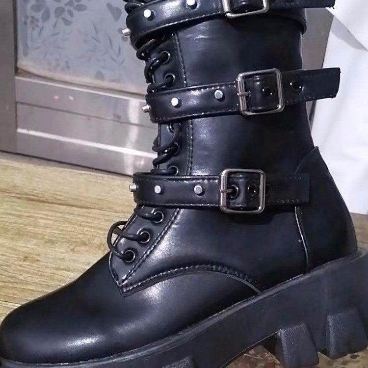 Exclusive Mid-Calf Buckle Knight Boots — Black — Size 35 — Detail View