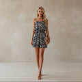Exclusive European And American Style Suspender Floral Jumpsuit — Khaki — Size L — Front View