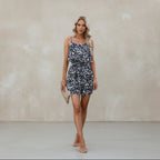 Exclusive European And American Style Suspender Floral Jumpsuit — Khaki — Size L — Back View