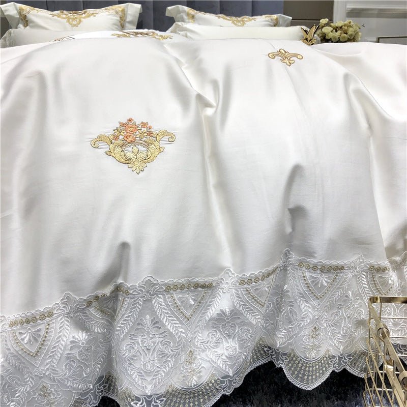 Exclusive Pure Cotton Embroidery Lace Bedding Set | Elegant Comfort — White — Size 1.5mFour piece suit — Back View