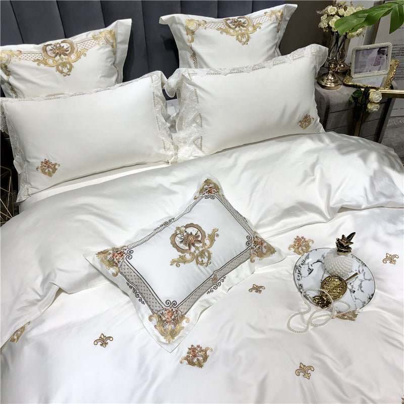 Exclusive Pure Cotton Embroidery Lace Bedding Set | Elegant Comfort — White — Size 1.5mFour piece suit — Side View