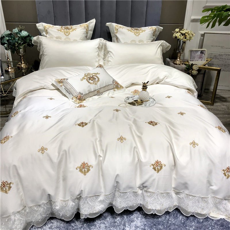 Exclusive Pure Cotton Embroidery Lace Bedding Set | Elegant Comfort — White — Size 1.5mFour piece suit — Top View